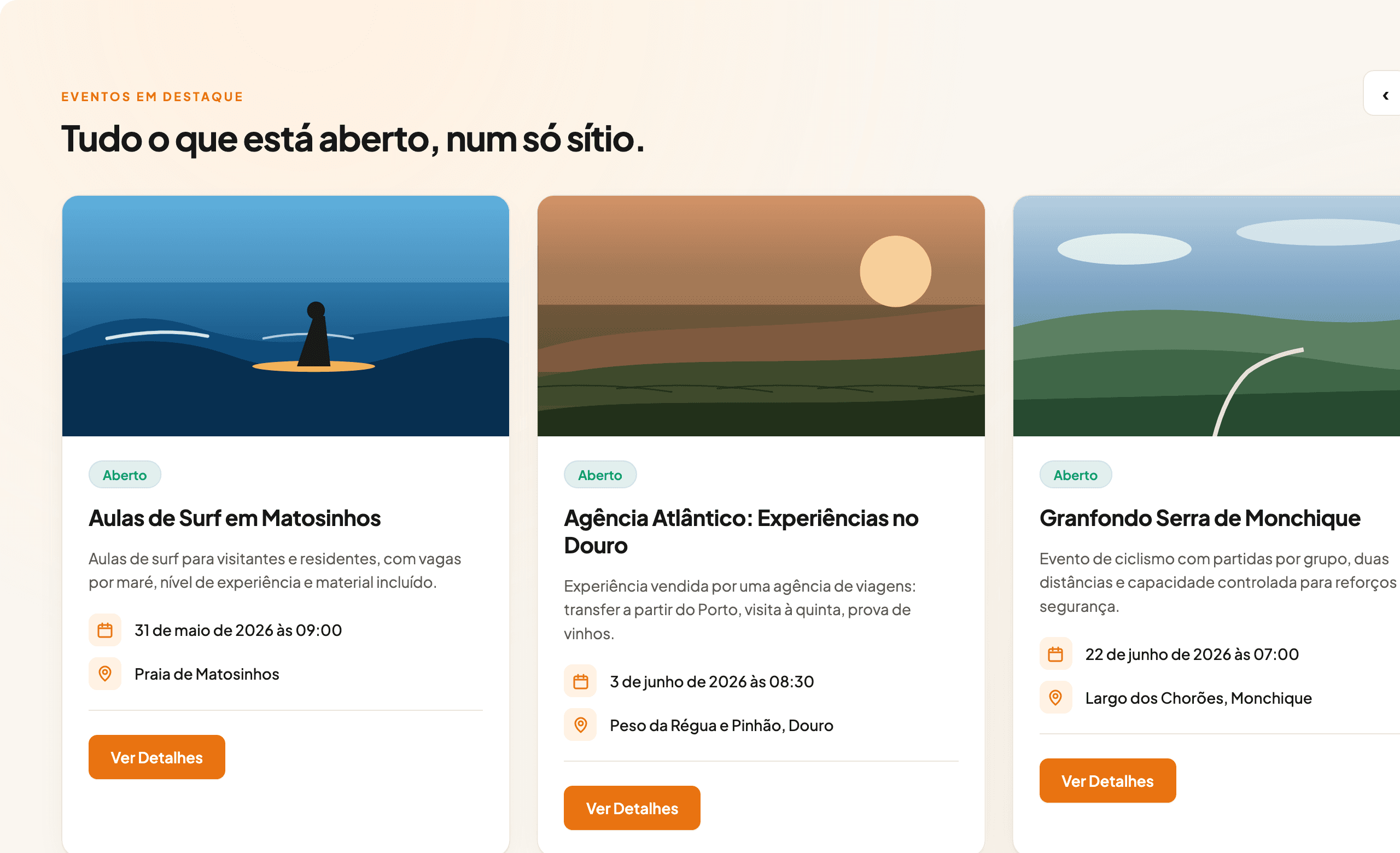 Três ecrãs do Activitly com página pública, backoffice e gestão de inscrições